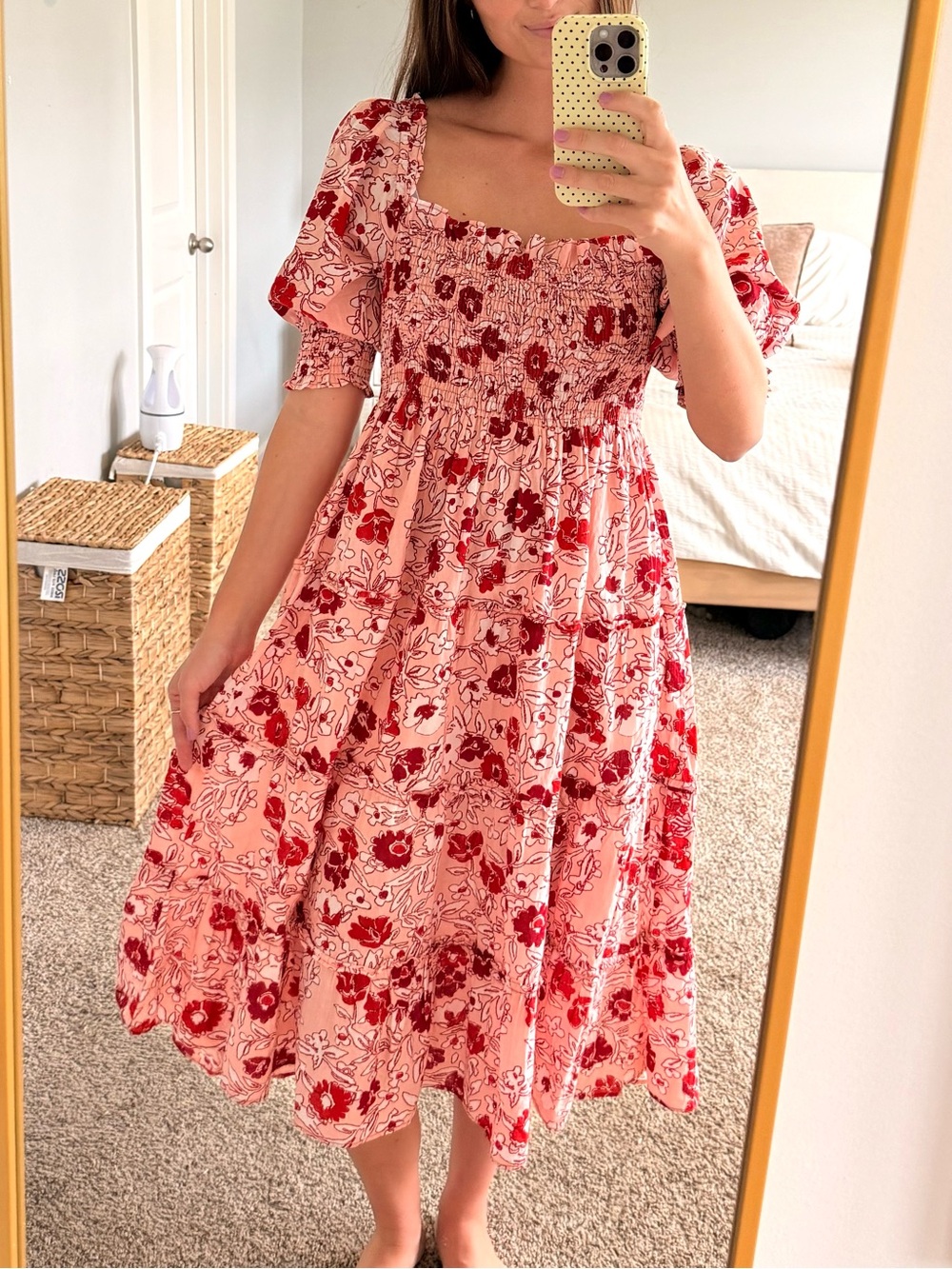 Anthropologie Ro’s Garden Smocked Floral Midi Dress in Pink and Red